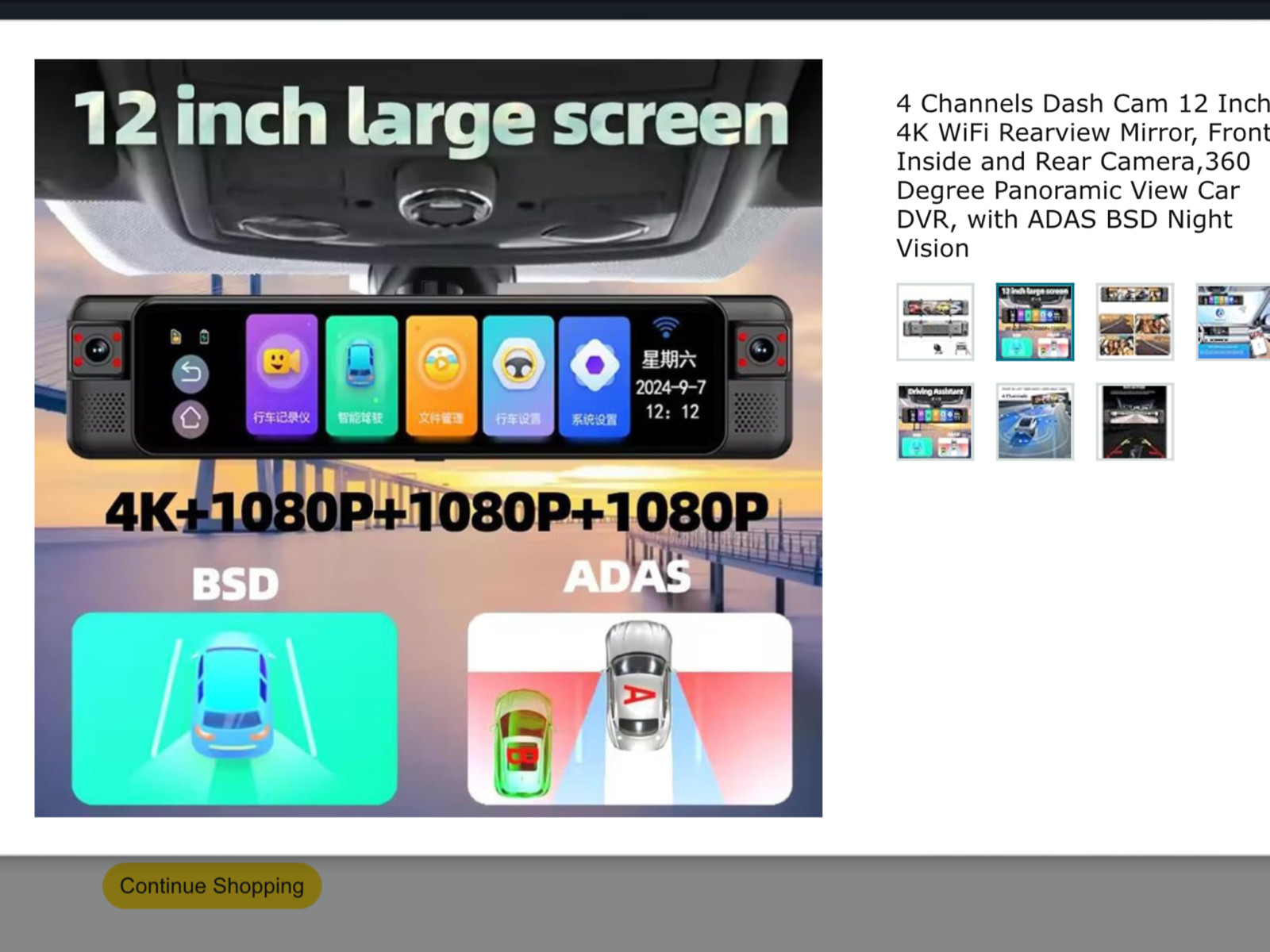 4 Channels Dash Cam 12 Inch 4K WiFi Rearview Mirror, Front Inside and Rear