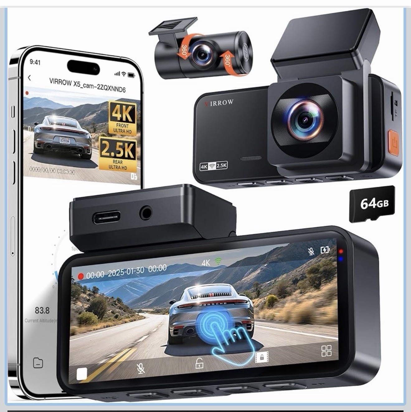 Dash Cam Front and Rear: 4K+2.5K Dash Camera for Cars with Touch Screen 3.39″