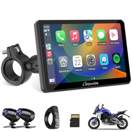 W712D Motorcycle Carplay Screen with HD 1080 Dual Dash Cam, Carpuride w712d