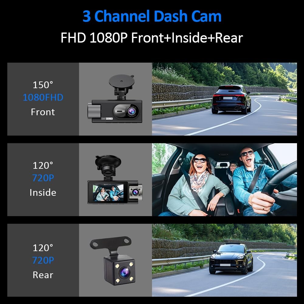 3 Channel 360 Dash Cam Front and Rear and Inside with 32G Card,1080P Dash Cam…