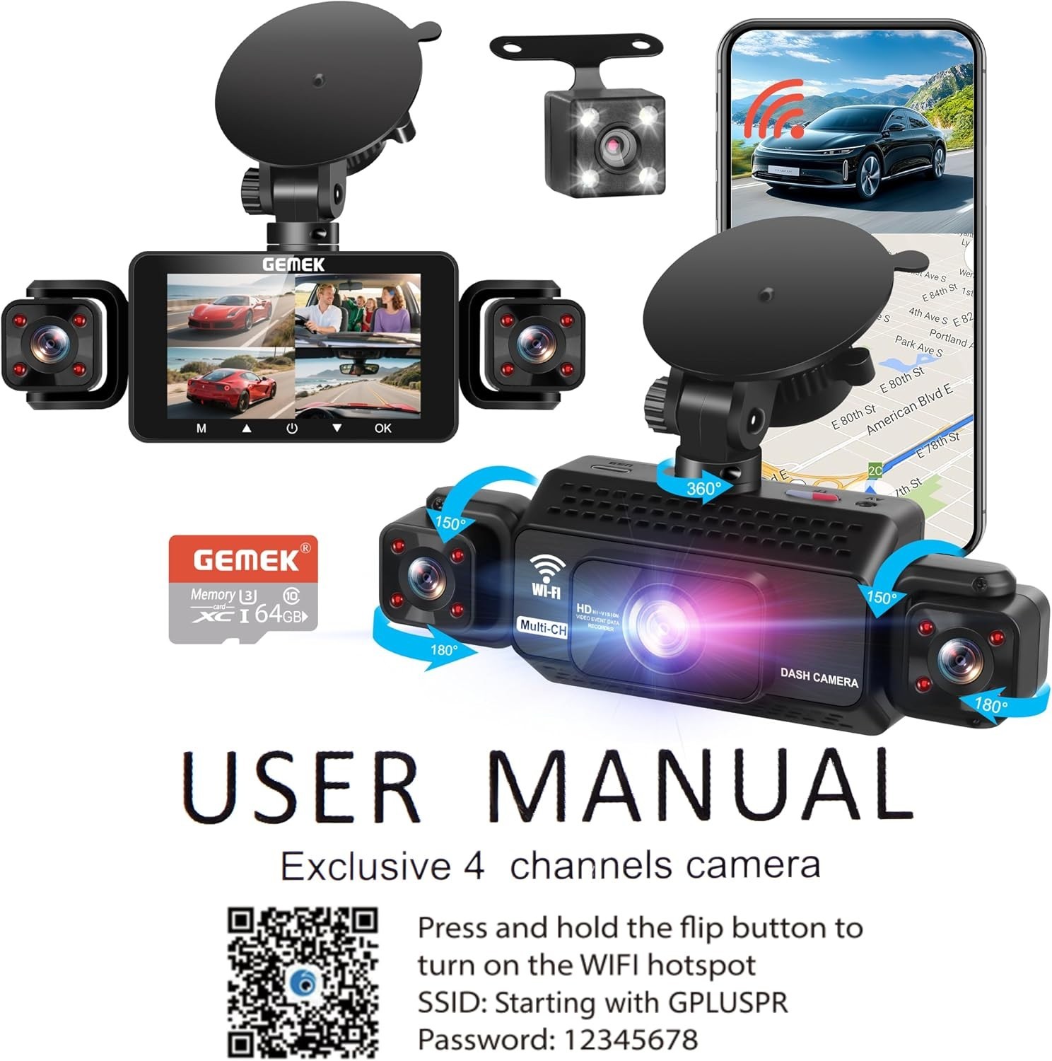 4 Channel Dash Cam 360° View 5G WiFi & APP Control, 2K Front and Rear Inside,…