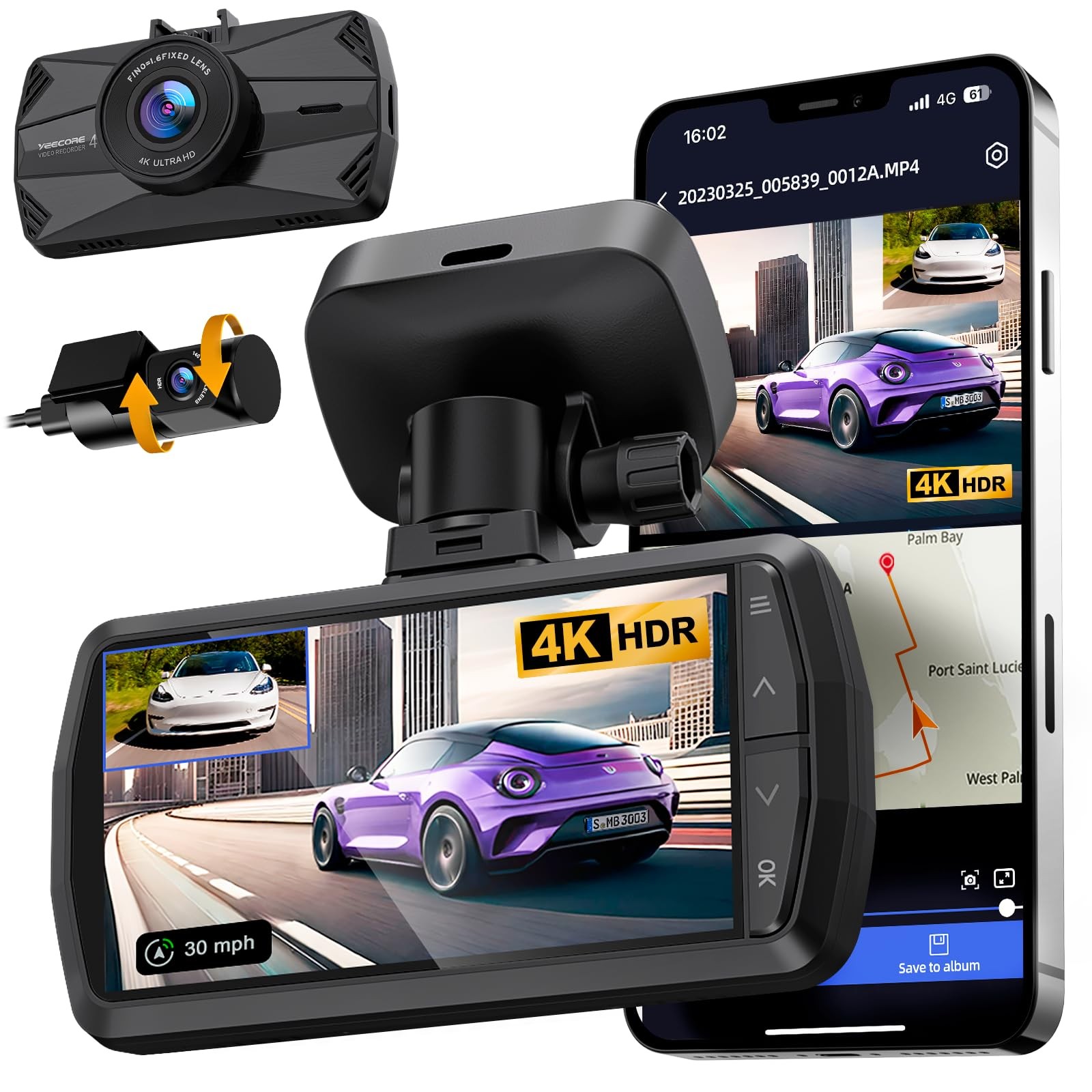 4K Dash Cam Front and Rear, Built-in WiFi GPS, 3″ IPS Screen, HDR Night Visio…