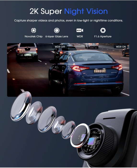 Cámara para automóvil con grabación 2K, conexión WiFi y control mediante aplicac