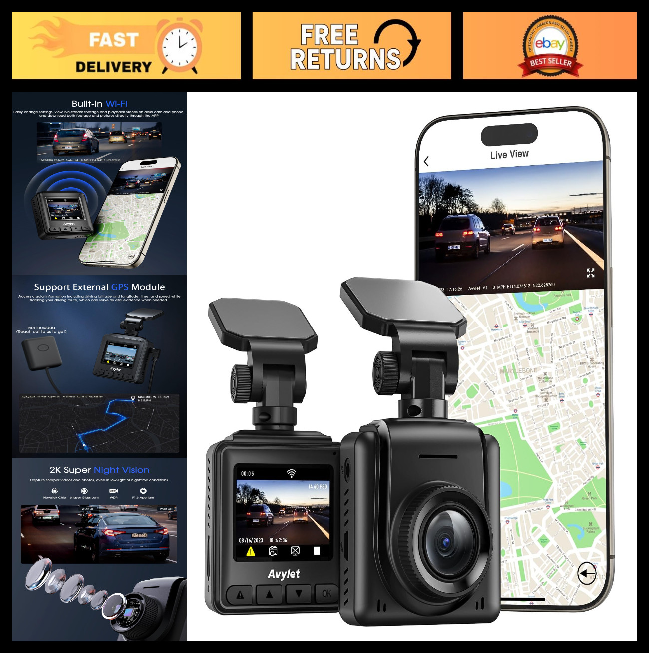 2K WiFi Dash Cam with APP, External GPS, 1.5” IPS Screen – Car Camera Recorder