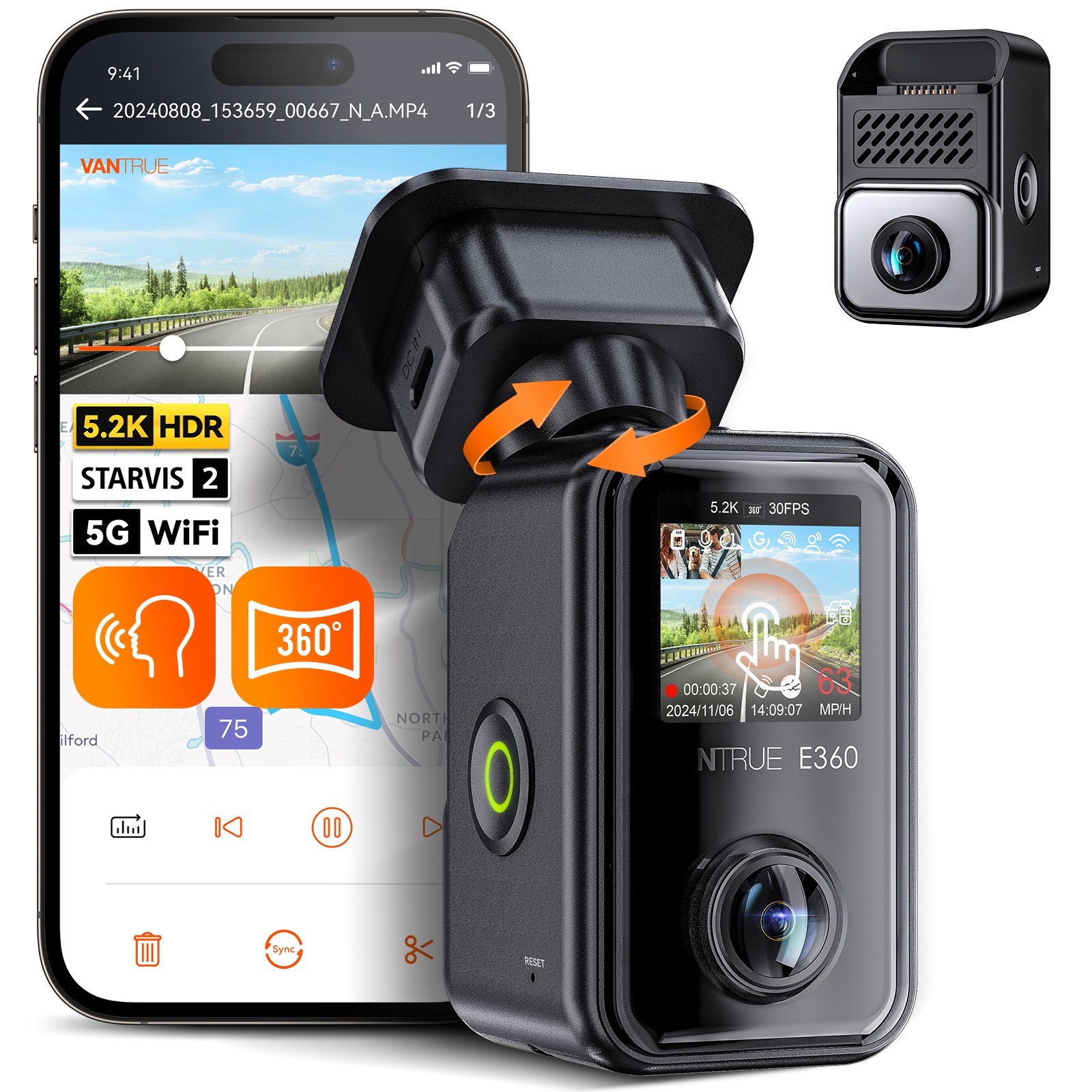 Vantrue E360 Panoramic Dual Fisheye Dash Cam STARVIS 2 Night Vision Parking Mode