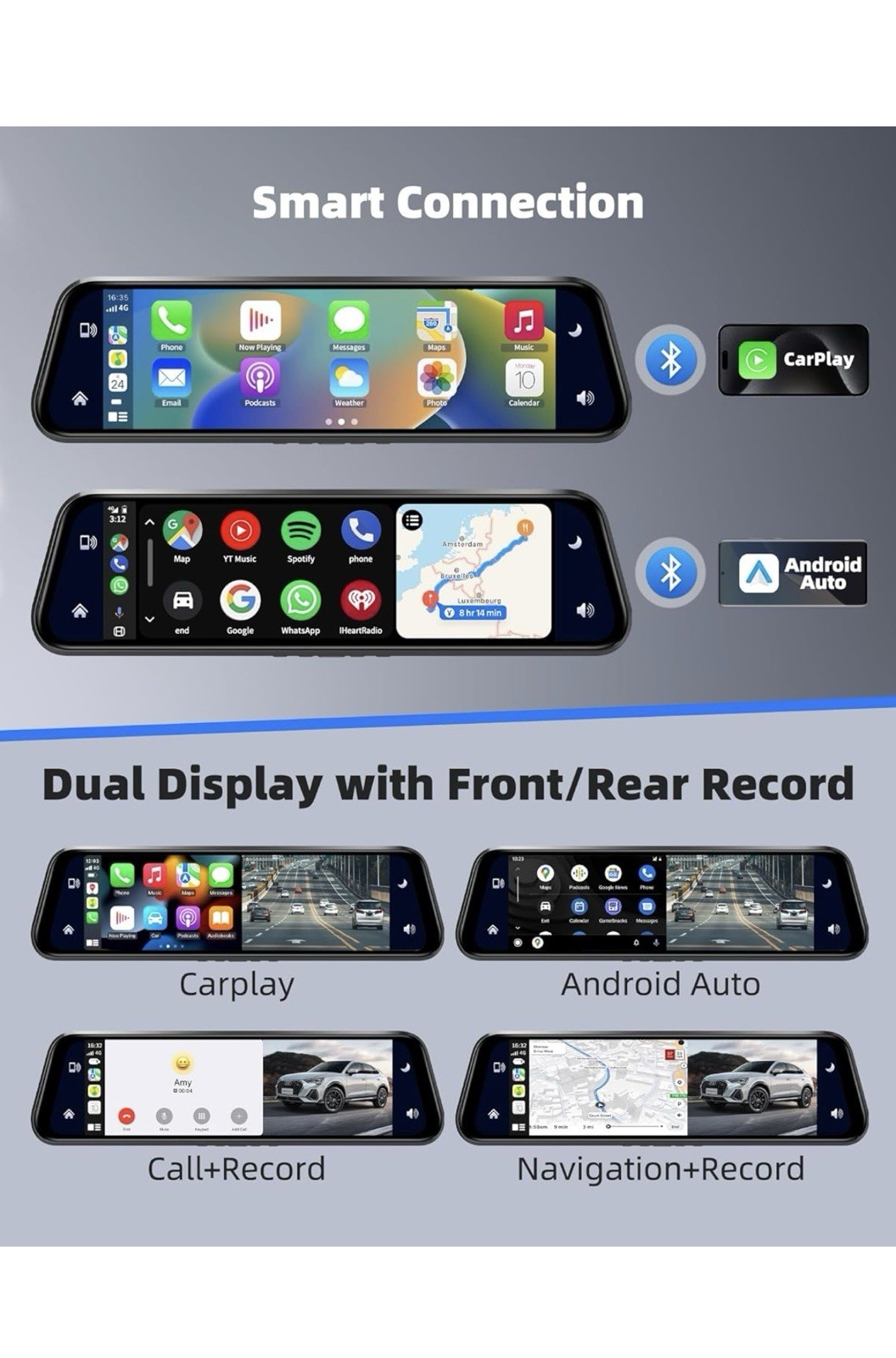 Smart Mirror Dash Cam with Carplay&Android Auto,10″ 2.5K Rear View Mirror Cam…