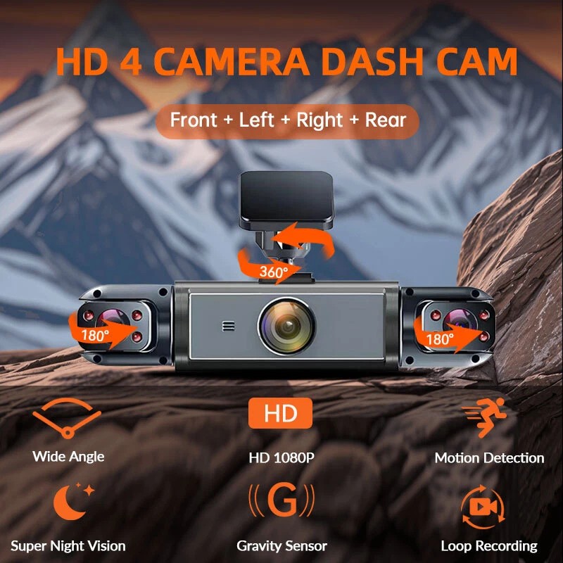 1080P Dash Cam 360° Front Rear Left Right 4 Dash Camera With 64GB SD Card US