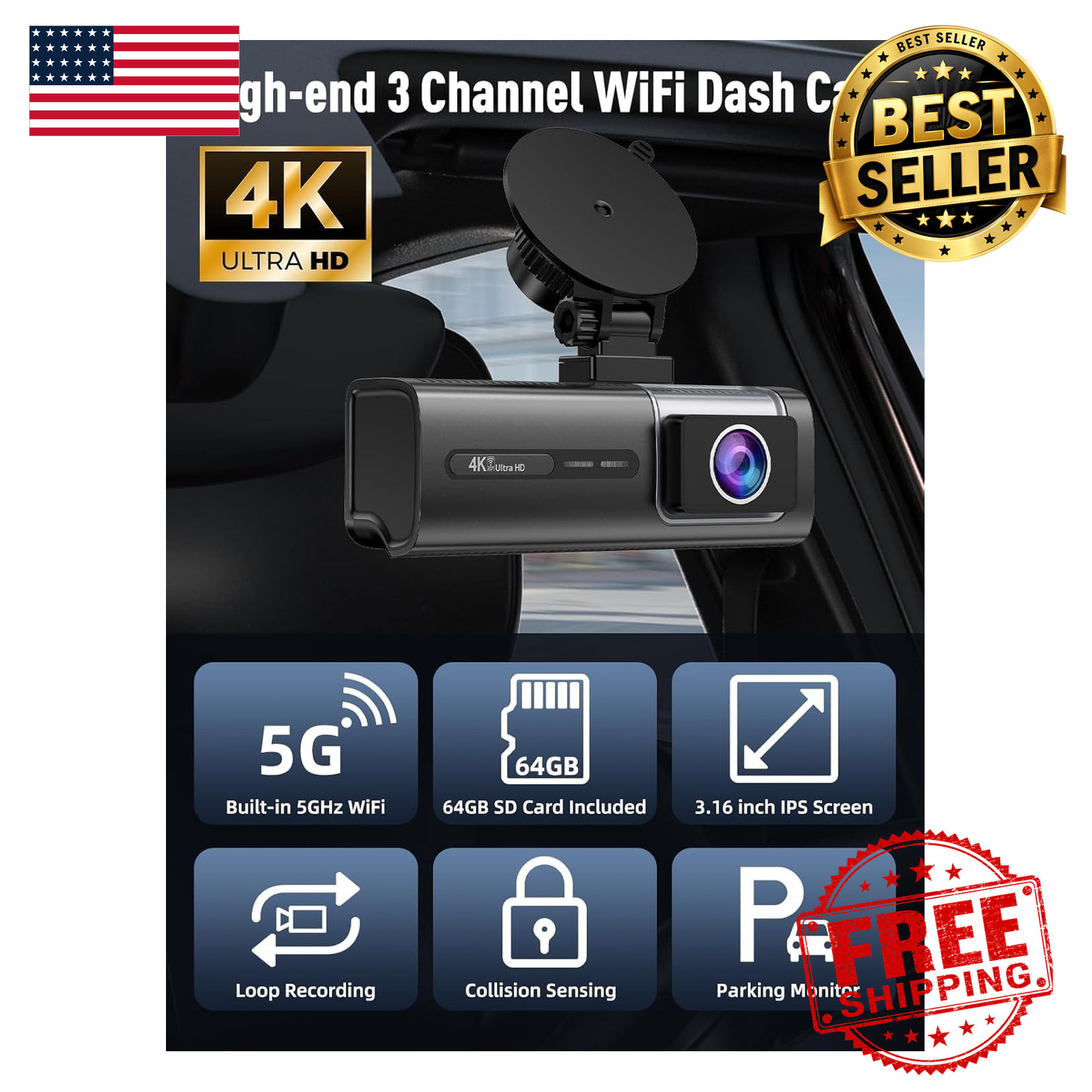 Dash Cam 3 Channel 4K Front 1080P Rear Interior 5G WiFi 64GB IR Night Silver