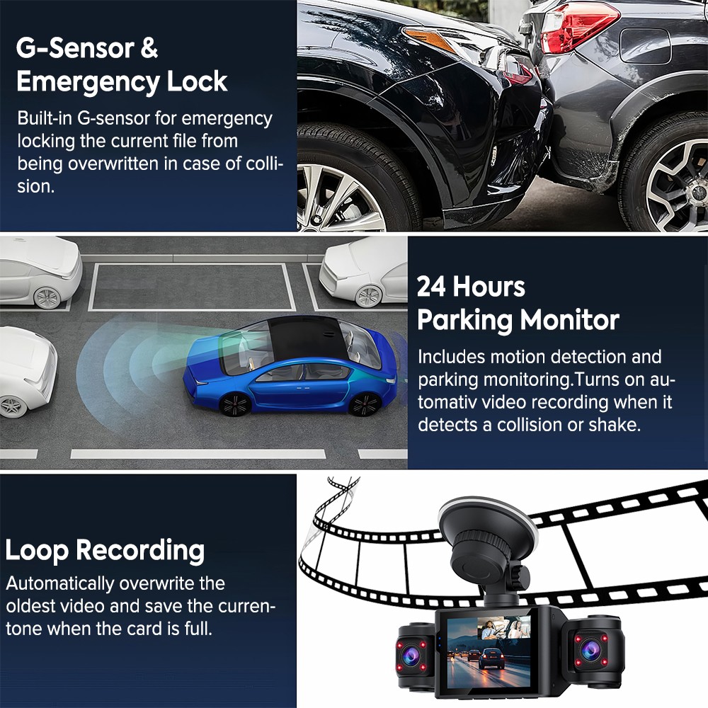 3 Channel Car Dash Cam 1080P Front Left Right Night Vision Driving Video Camera