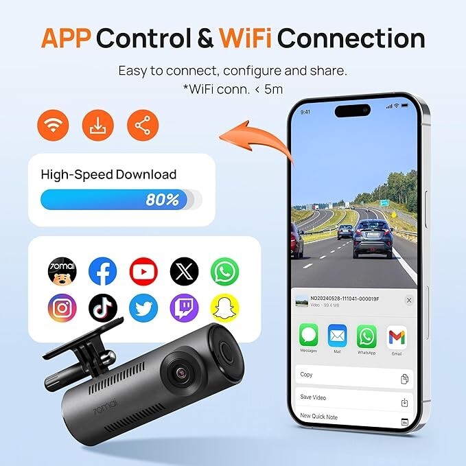WiFi Smart Dash Camera, Night Vision, iOS/Android Mobile App, Parking Monitor