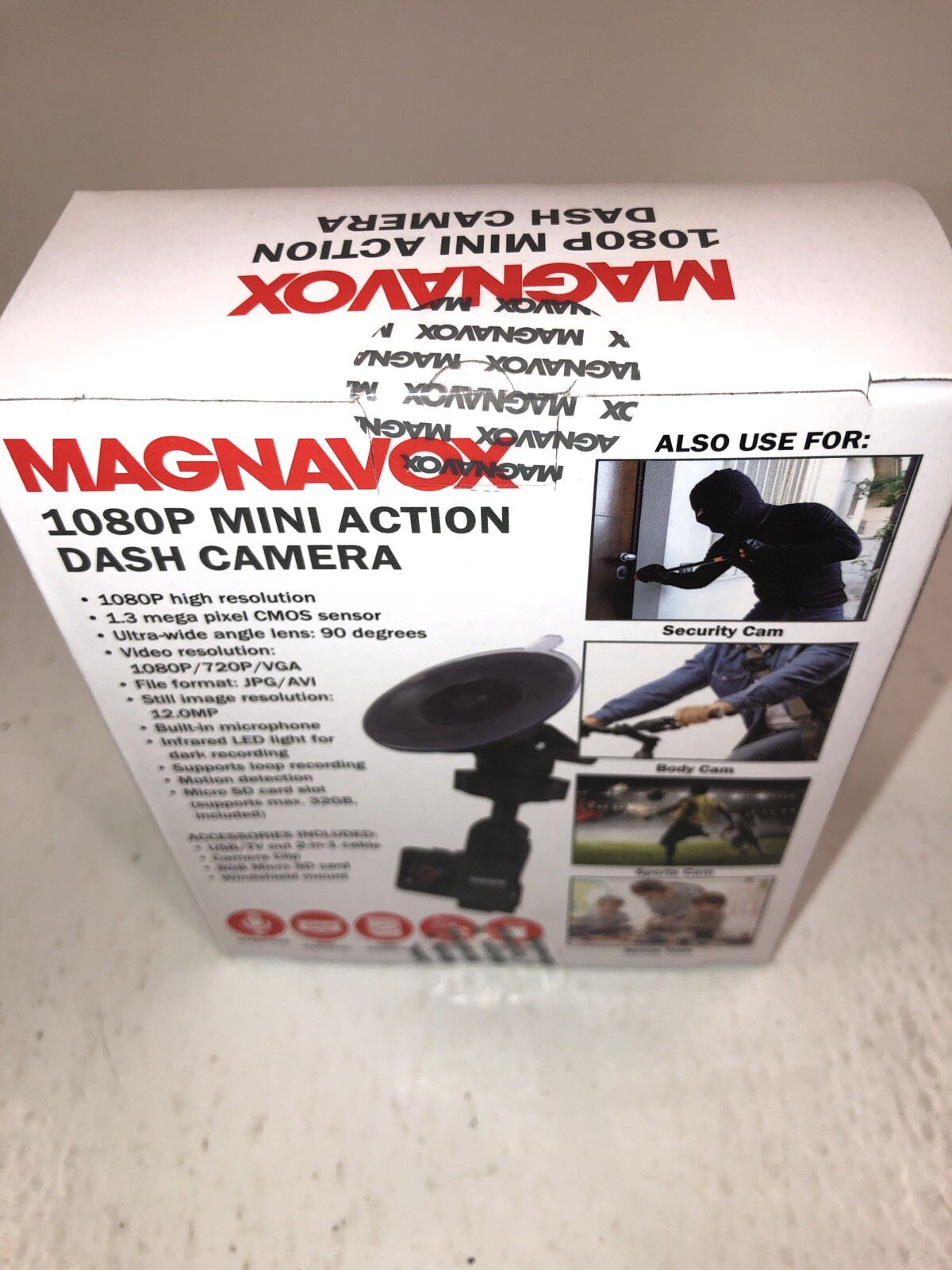 Magnavox Mini Action Dash Cam Camera 1080p Video Recorder w/t Suction Cup Mount