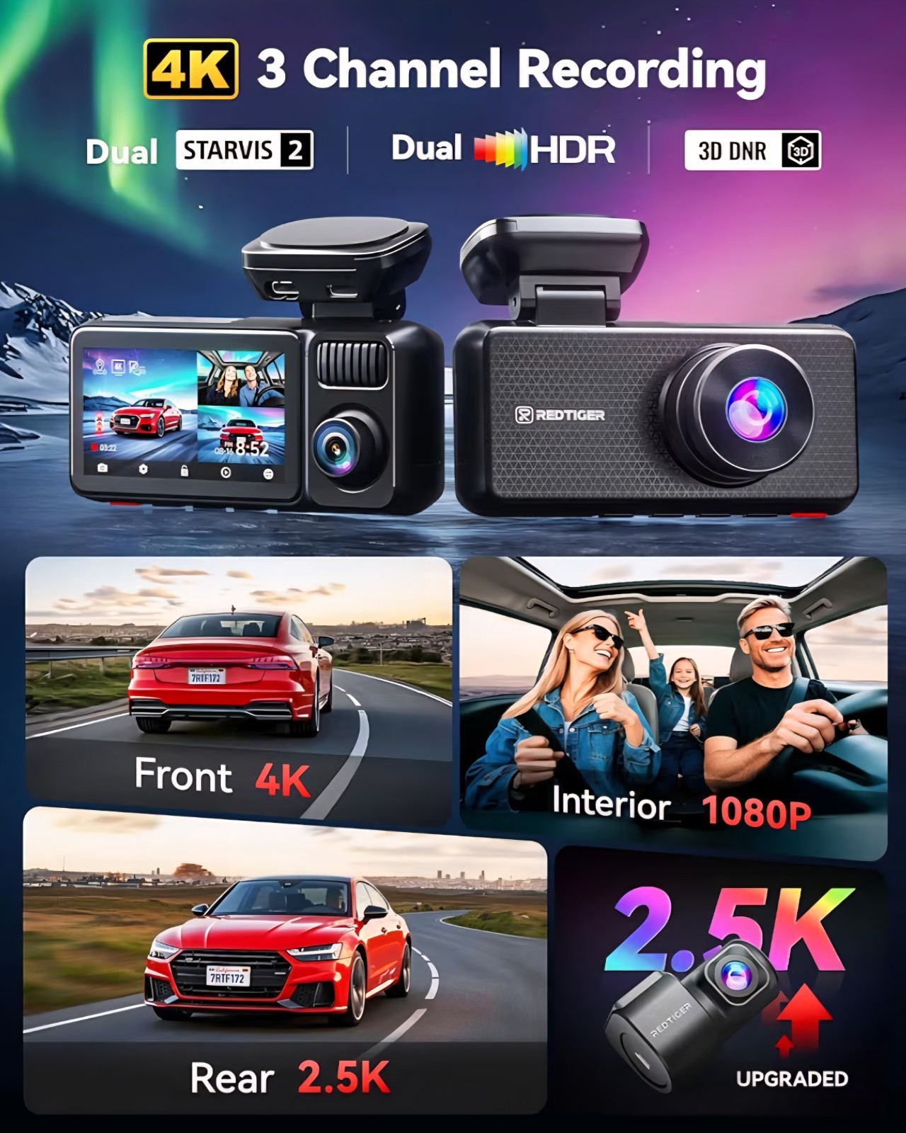 REDTIGER F17 Elite 4K Dash Cam 3 Channel, STARVIS 2 128GB Card, Full Night Color