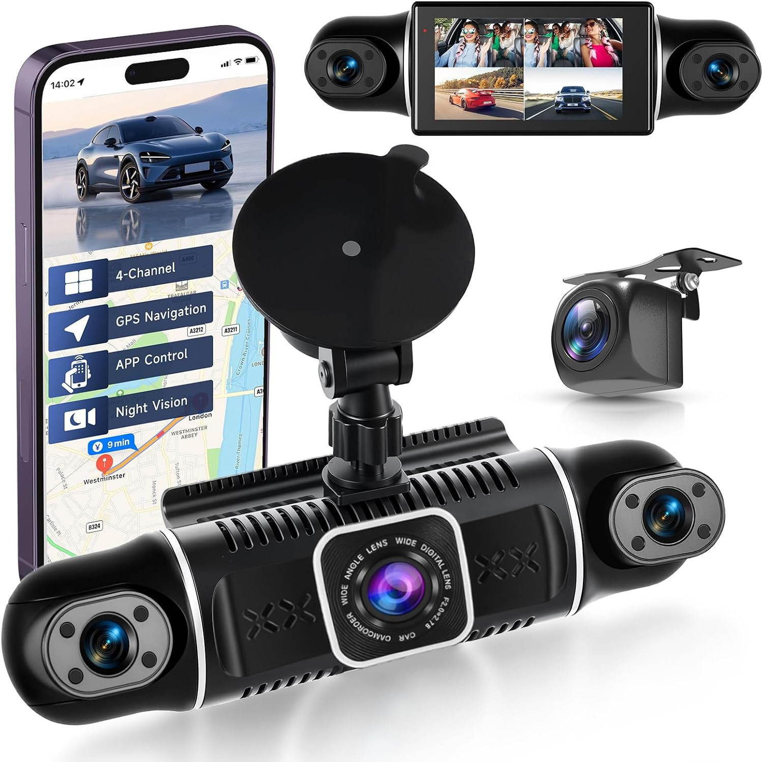4K 4 Channel Dash Cam Front and Rear inside 360° Dash Camera for Cars | Front Re