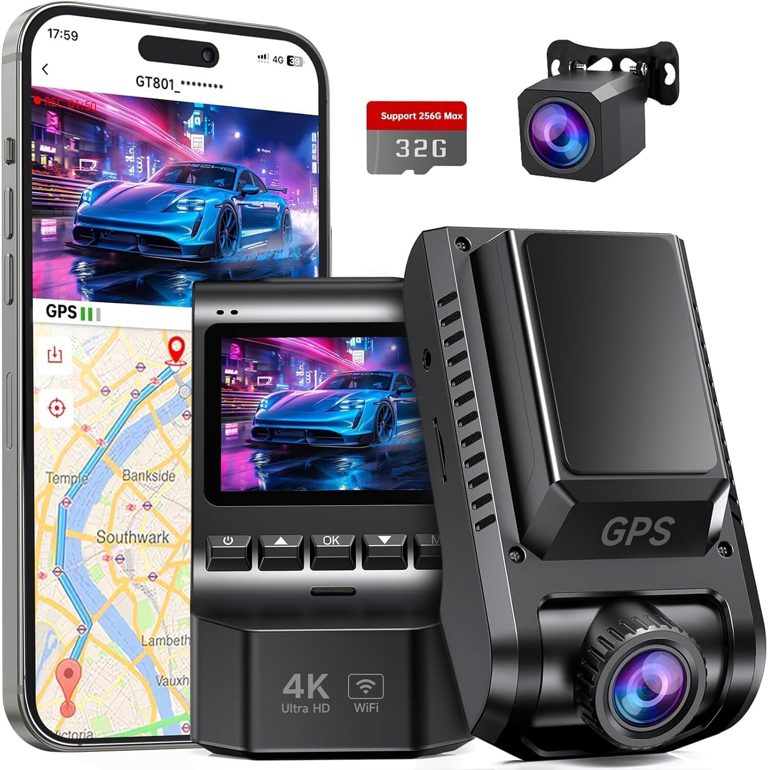 2024 GT801 Dash Cam Front and Rear, 4K/2.5K Full HD Dash Camera
