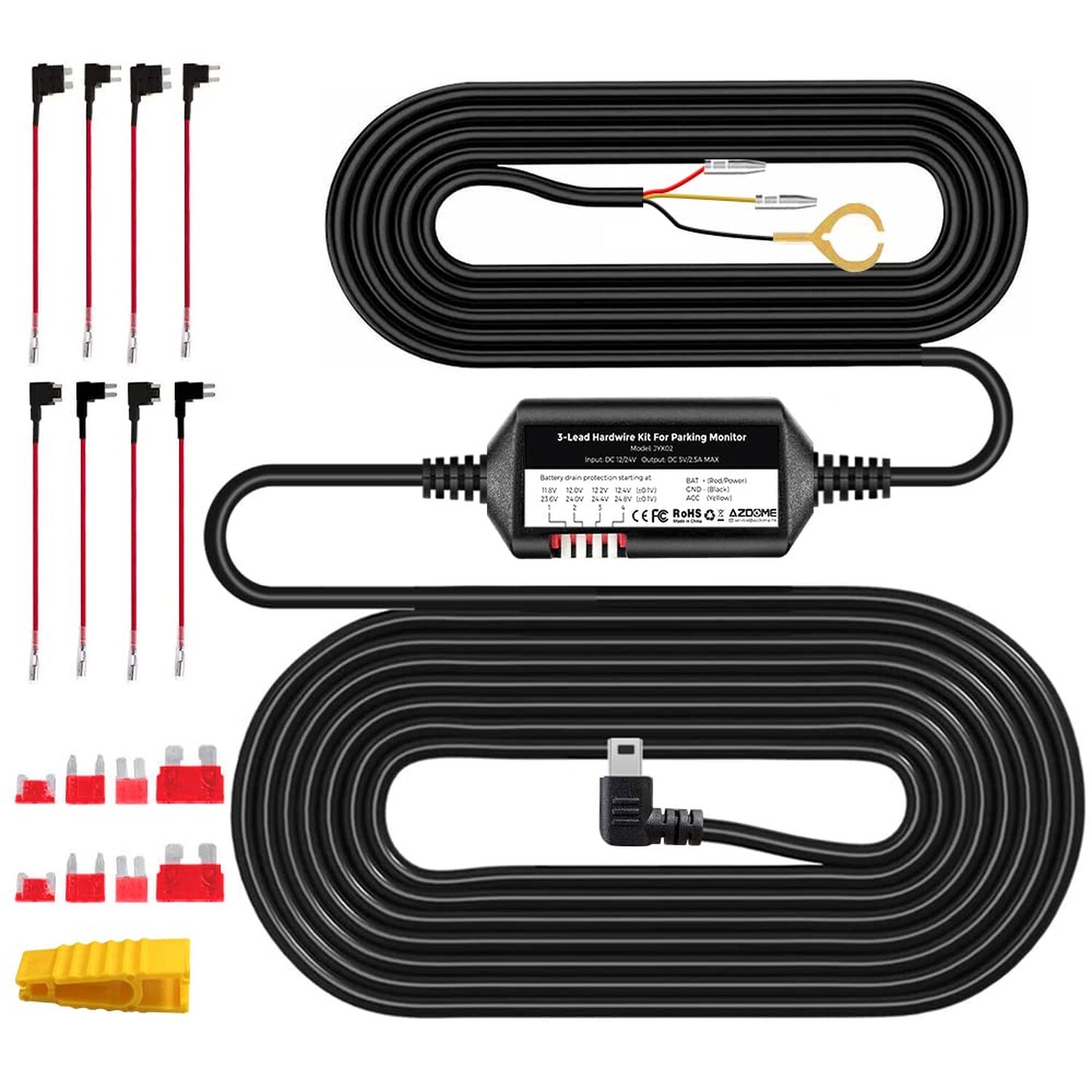 AZDOME 3-Lead ACC Hardwire Kit Mini-USB Port for M550(Pro)/M01 Pro/M17 Dash C…