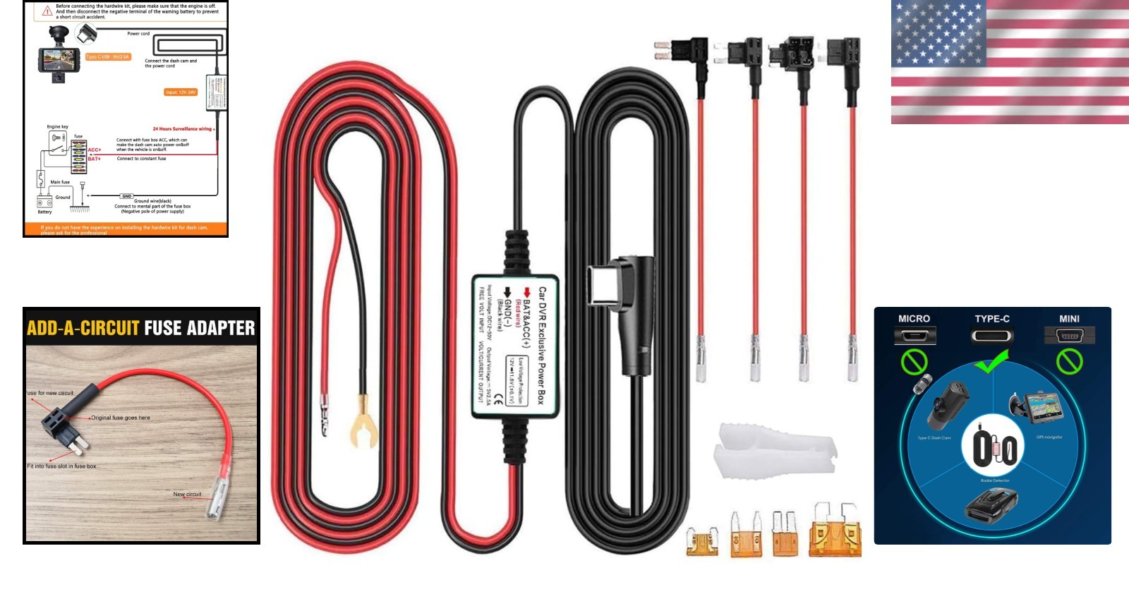 Type C Dash Cam Hardwire Kit 13ft – 24/7 Car Monitor with Low Voltage Safety