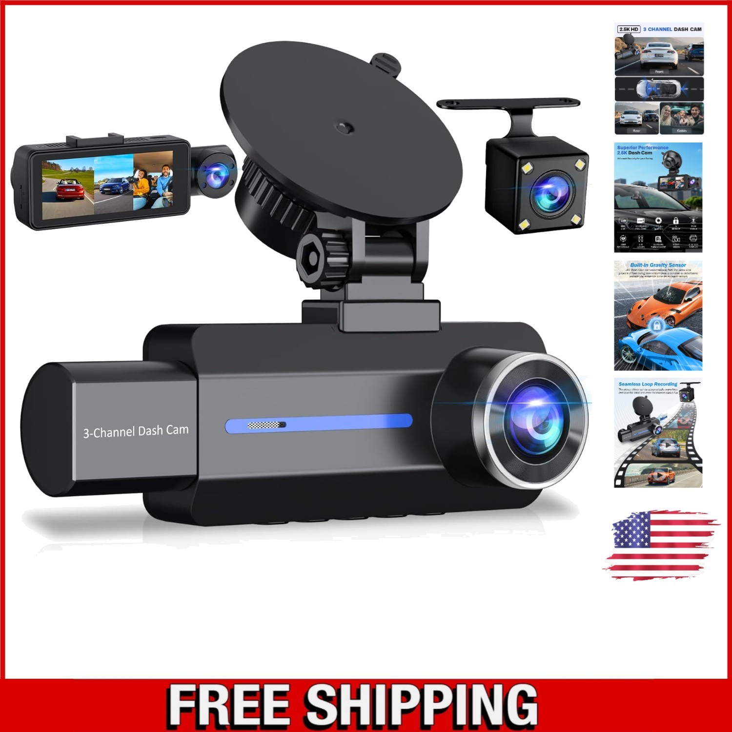 Full HD Dash Camera Front, Rear & Inside – 2.5K Resolution with G-Sensor & 32GB