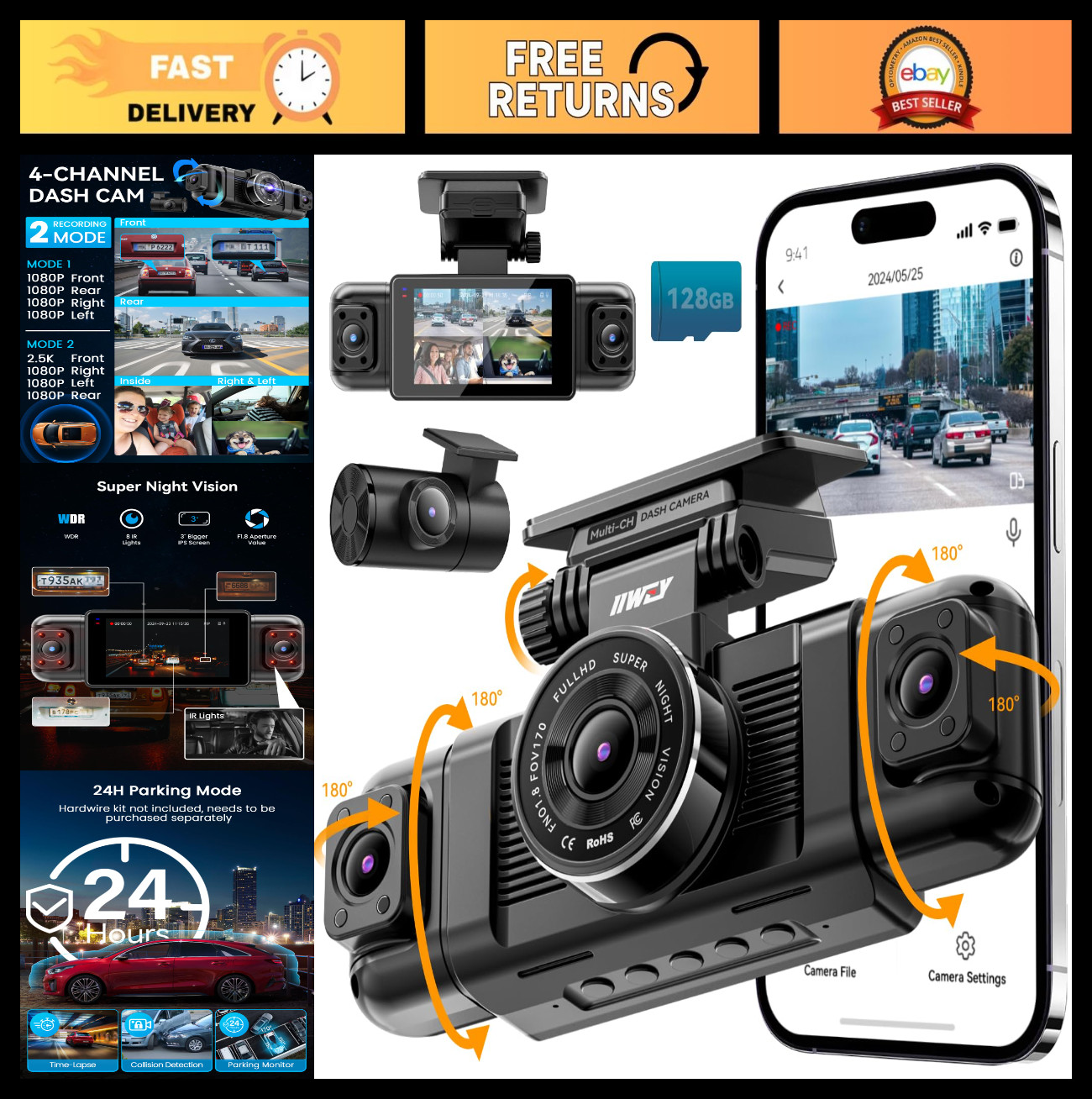 4 Channel Dash Cam for Cars, 360° View, 2K Front & 1080P Rear, Night Vision