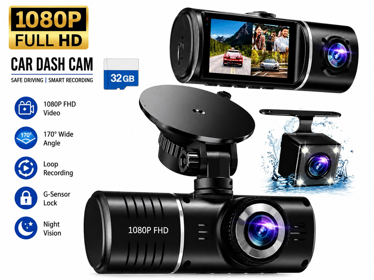 3-Channel DASH CAM FRONT AND REAR, 1080P DASH CAMERA FOR CARS, LOOP RECORDING
