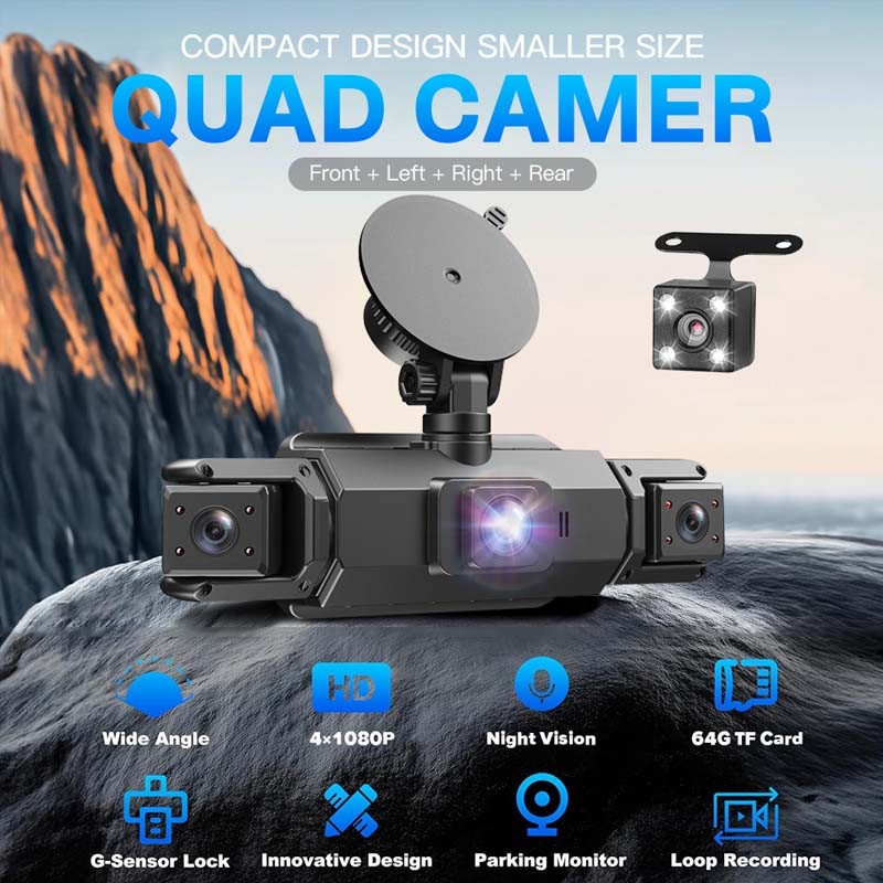 4 Channel Dash Cam Recorder 360° Car Camera DVR Vehicle Video G-Sensor with 64GB
