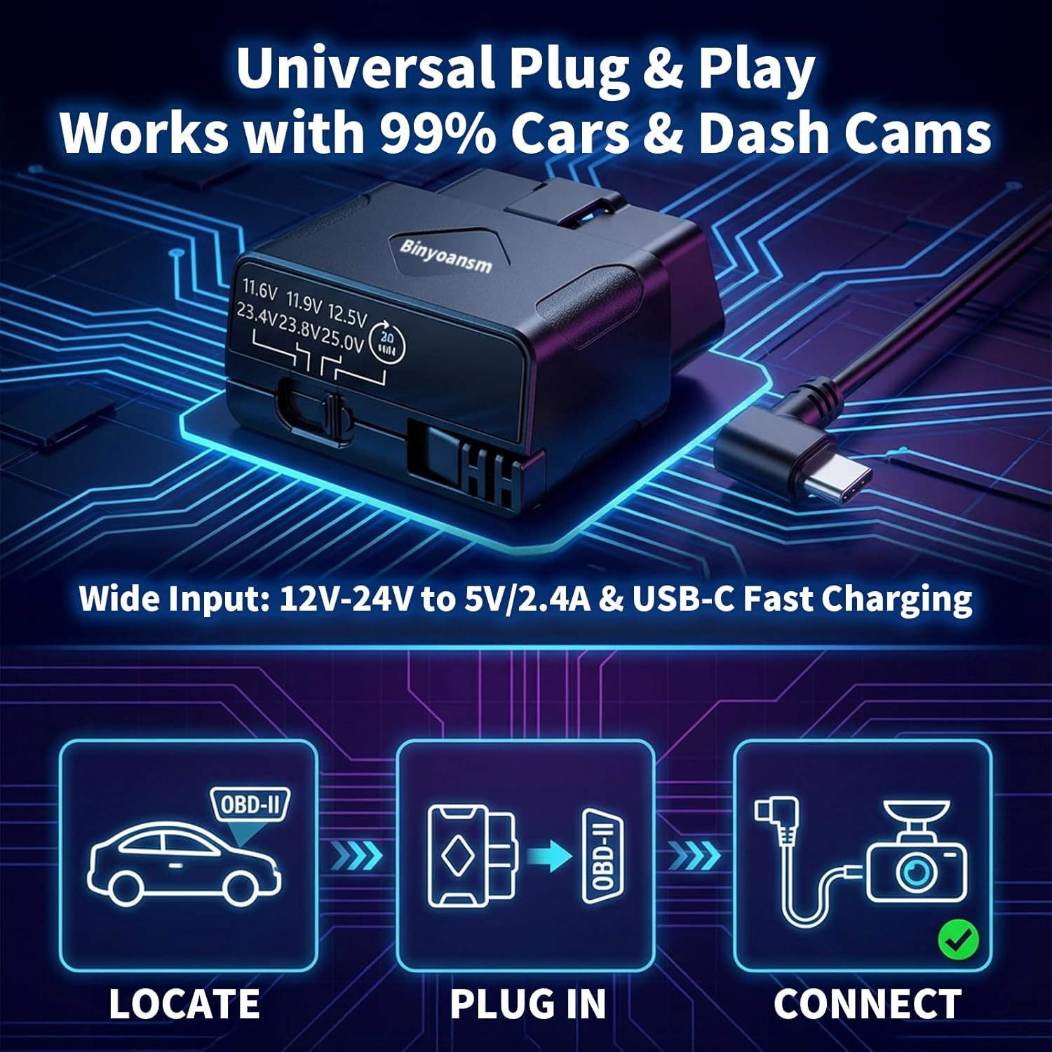 OBD Dash Cam Power Cable USB C with Acc Detection, Plug and Play Hardwire Kit fo