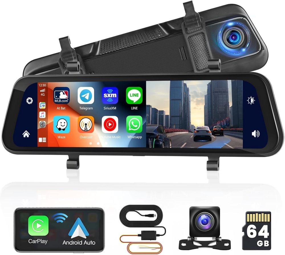 Front Rear View Mirror Dash Cam 9.66 Inch IPS Touch Screen Carplay 64GB Car DVR