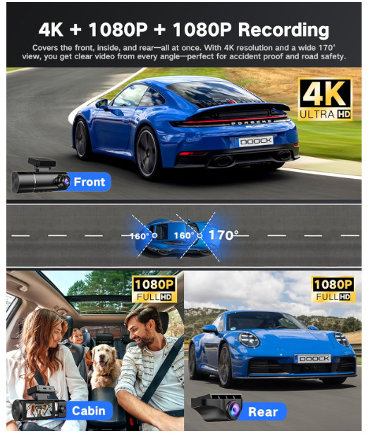 DOOCK 4K Dash Cam Front and Rear Inside with 64GB Card, 3 Channel Dash Camera