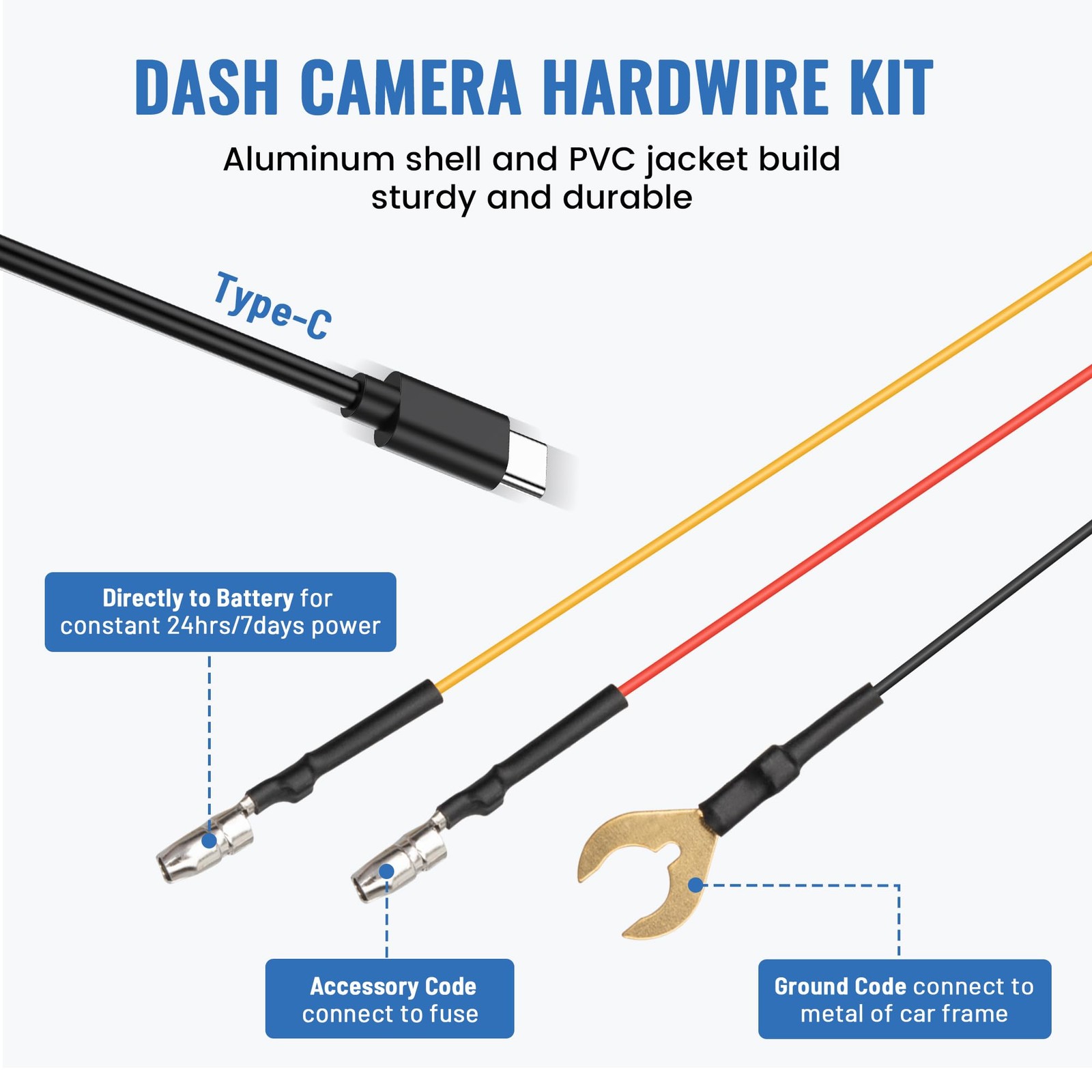 Type-C USB C Port Dash Cam Hardwire Kit, 3-Lead Acc Hard Wire Kit for Dash Ca…