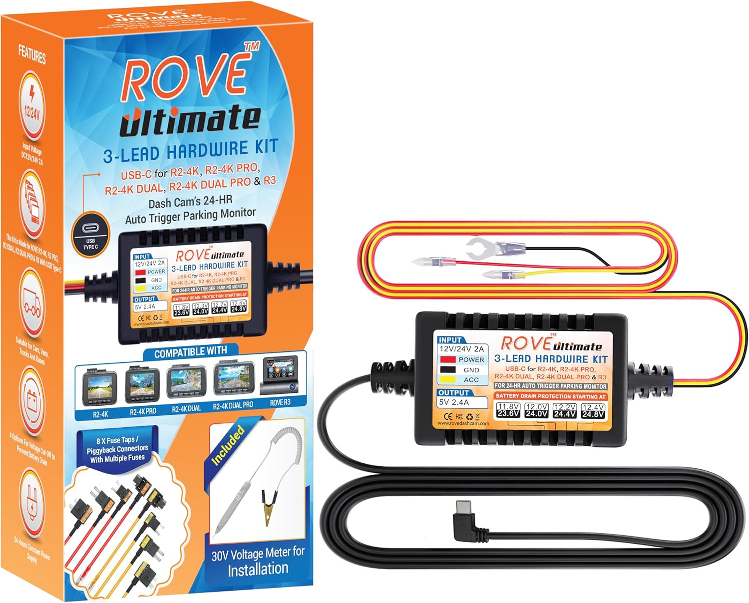 ROVE Ultimate Dash Cam Hardwire Kit USB C 24Hr Parking Mode Voltage