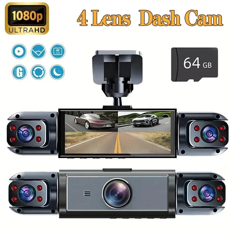 1080P Dash Cam 360° Front Rear Left Right 4 Dash Camera With 64GB SD Card US