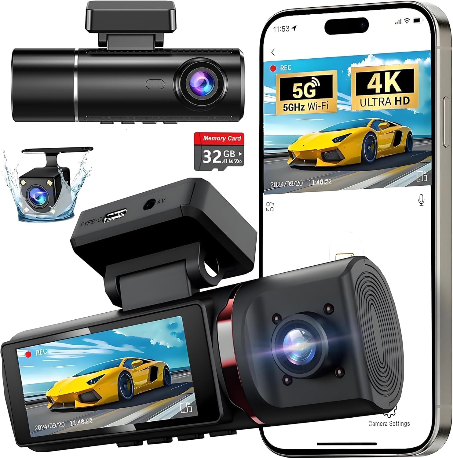 3 Channel 4K WiFi Dash Cam, 4K+1080P+1080P Front Inside and Rear, Triple Dash…