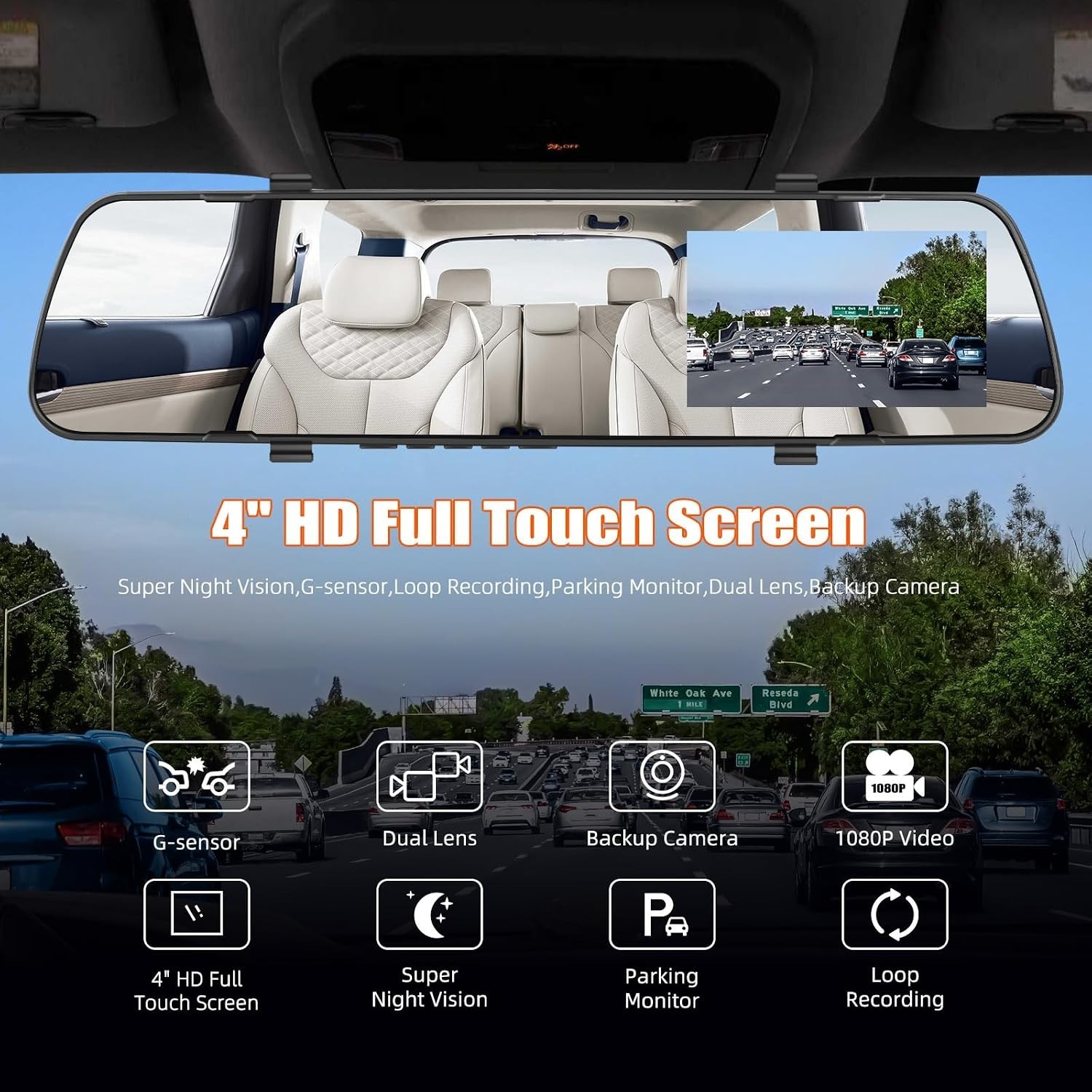 4-Inch 1080P Mirror Dash Cam with Dual Cameras & Night Vision for All Cars