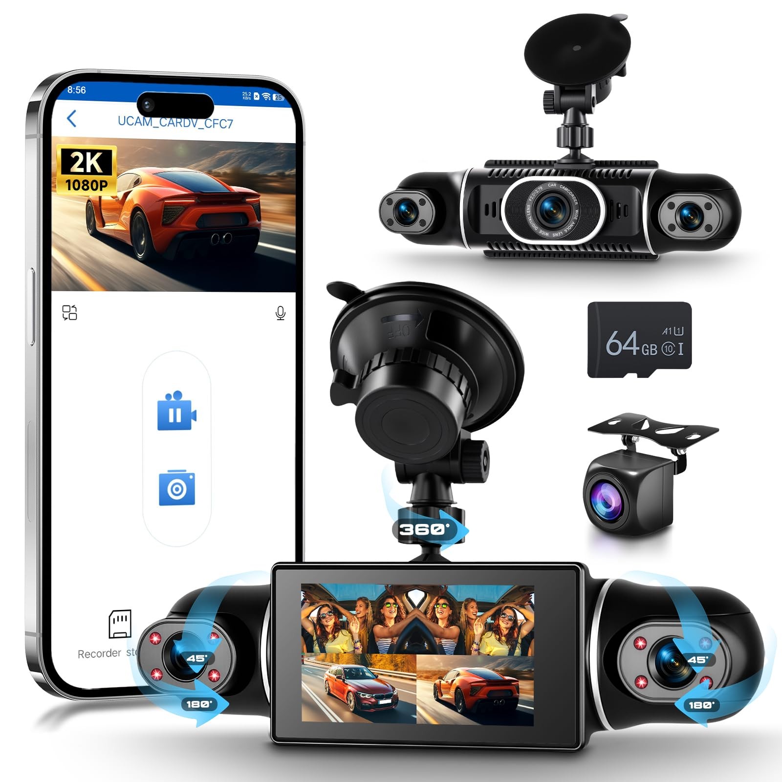 4 Channel 360° Dash Cam Front Rear Inside Left Right 3 Inch 2K Car Dash Camer…