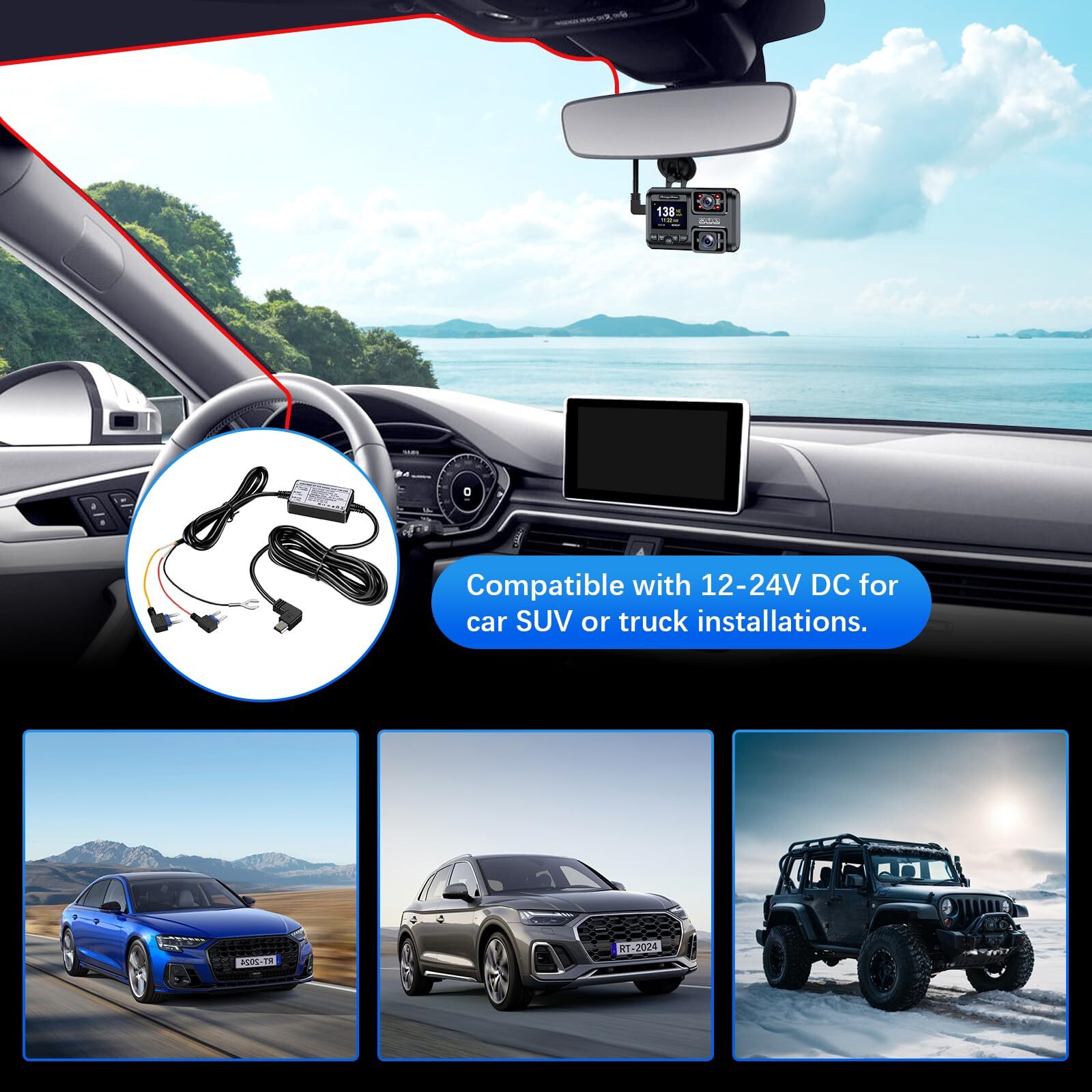 3-Core Dash Cam Hardwire Kit Mini USB Fuse Cable for Cars 12V-24V to 5V