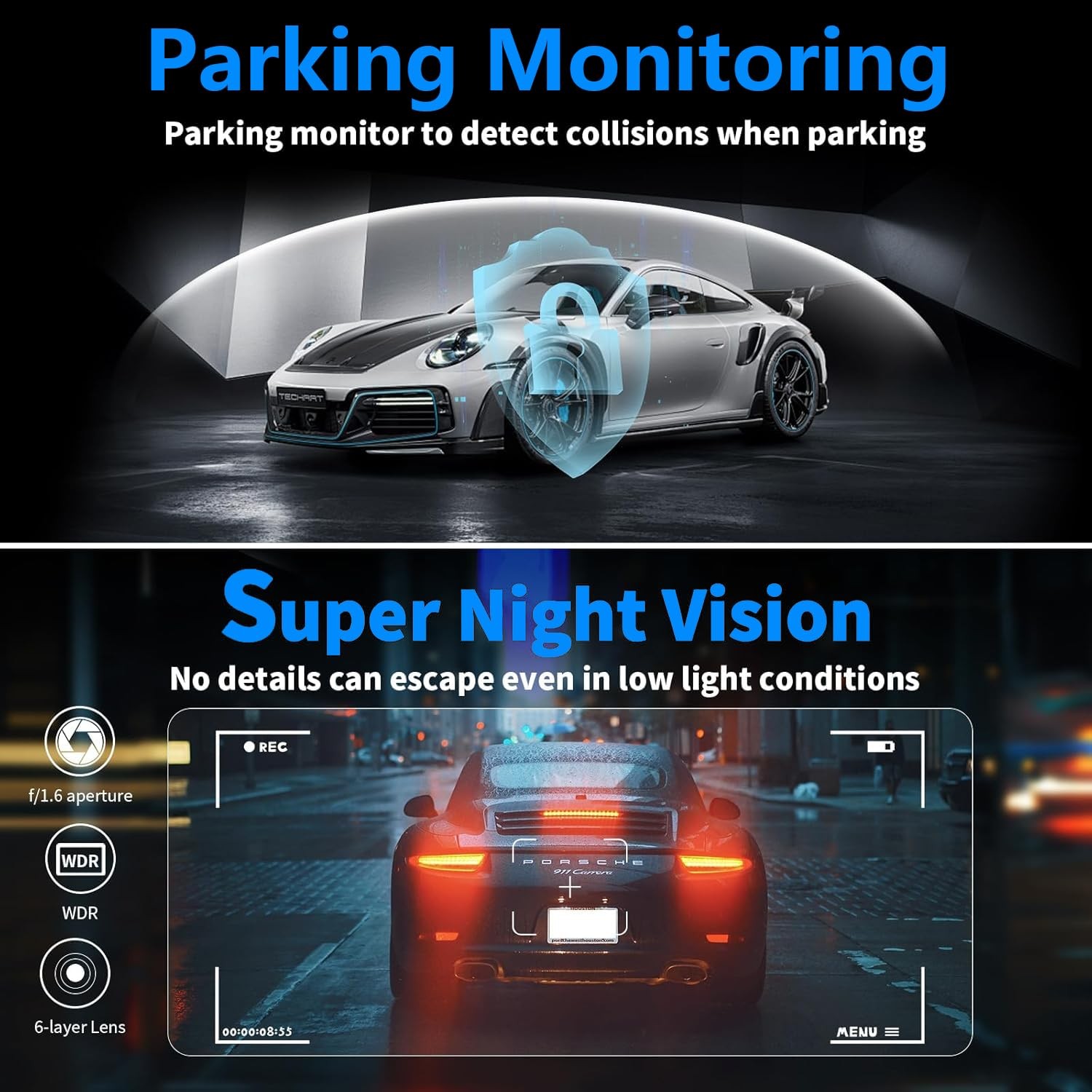 4K Dual Channel Dash Cam Front and Rear, Free 64GB Card Included, 5.8GHz WiFi