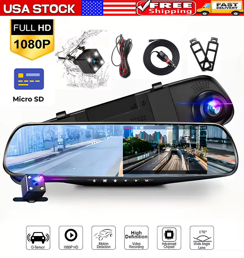 1080P HD Rearview Mirror Car DVR Dual Dash Cam Camera Front Rear Video Recorder