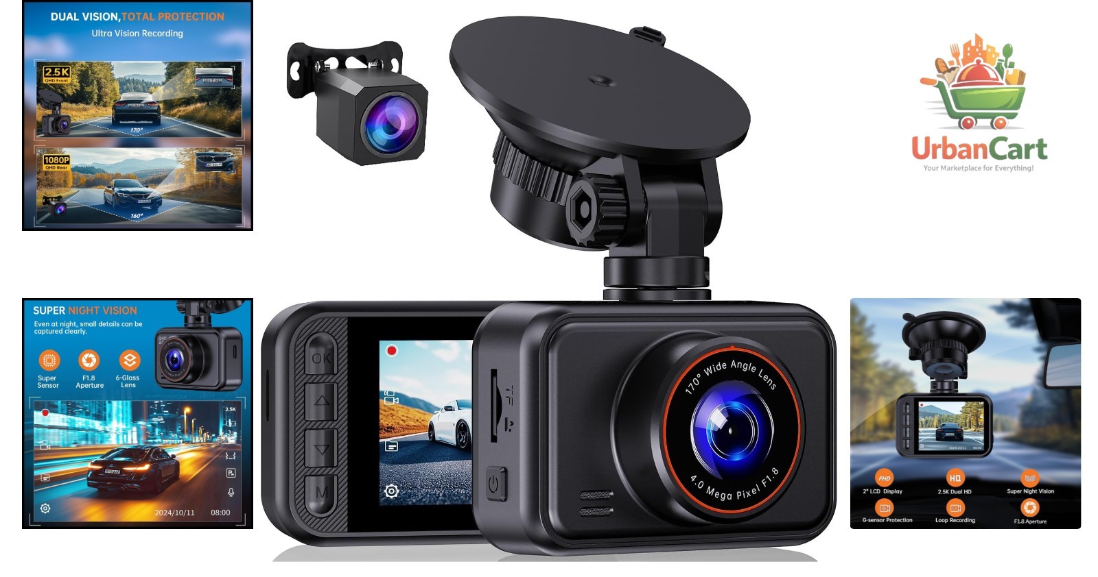 Compact Dual Dash Cam: 2.5K Front + 1080P Rear, 360° Suction Mount Safety