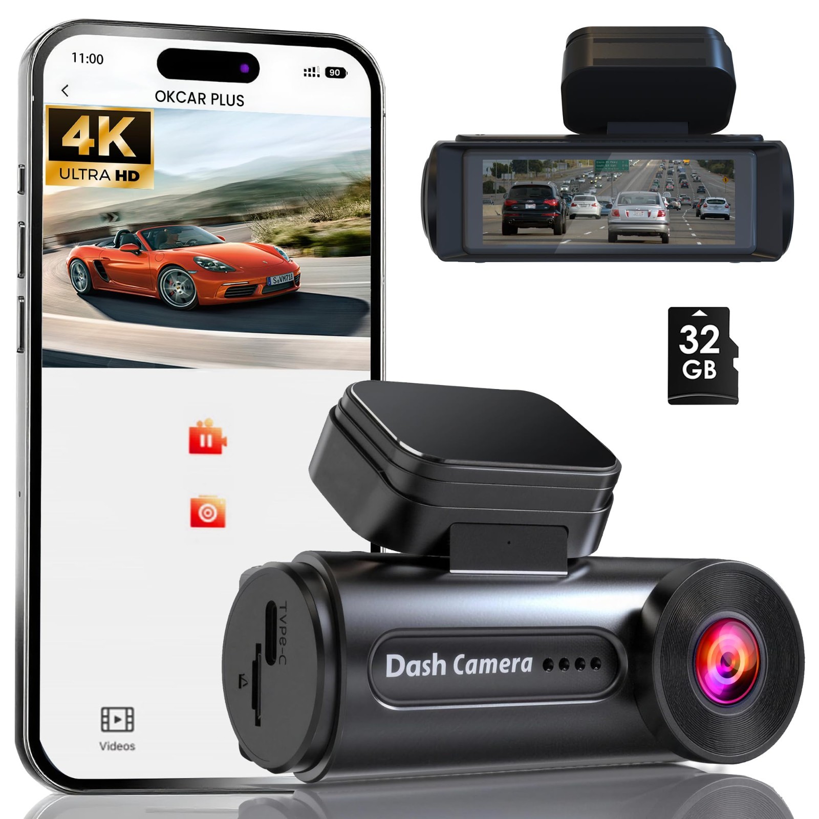 4K Dash Cam with WiFi, Night Vision, Loop Recording, G-Sensor, 32GB Card Include