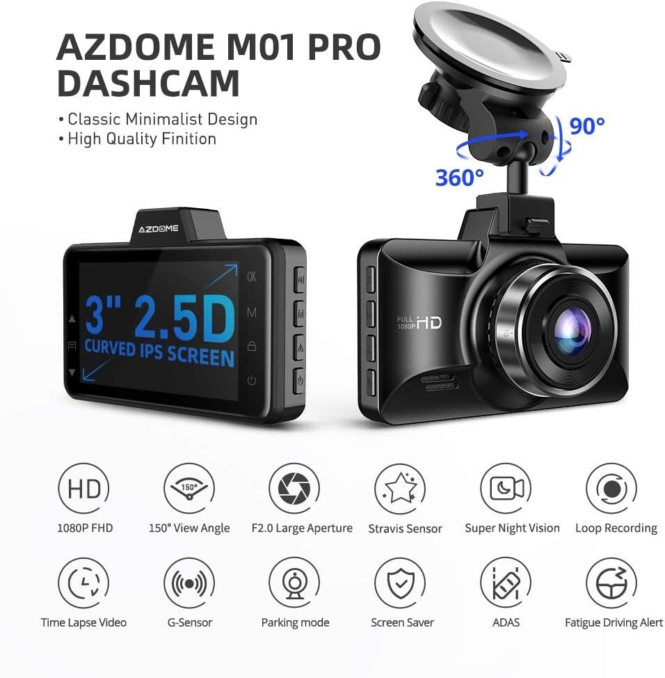AZDOME M01Pro Dual Dash Cam and Mirror Mount Holder Bundle – Black