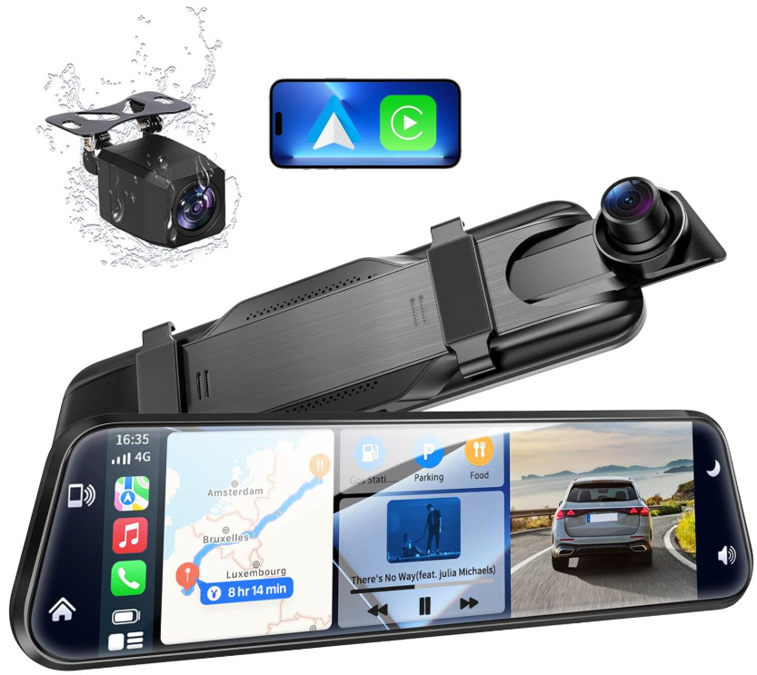 Cámara Espejo 10″ 2.5K CarPlay Android Auto 1080P Trasera Voz Tarjeta 64GB