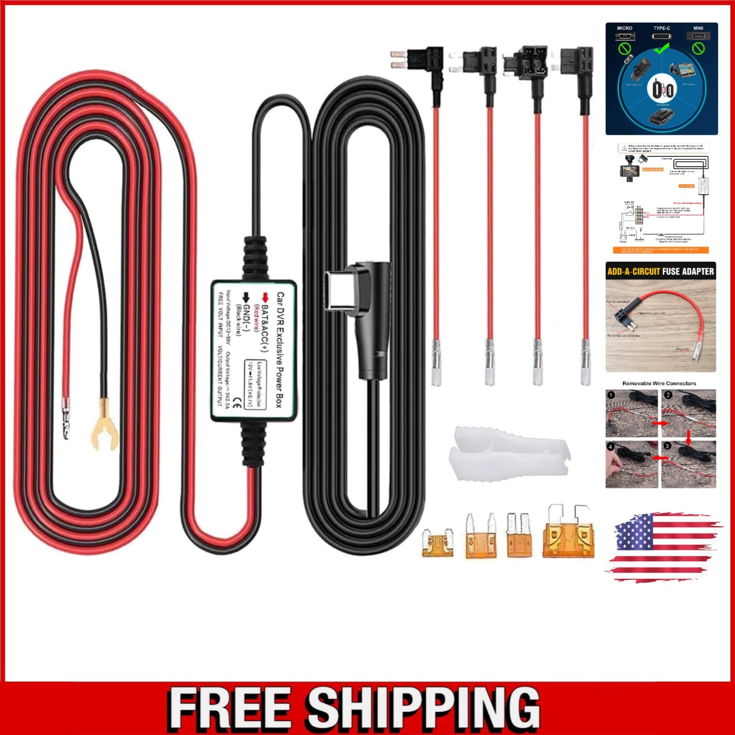 Type C USB Hardwire Kit 13ft for Dash Cams – 24/7 Vehicle Monitoring