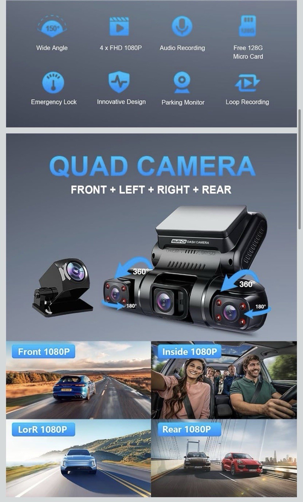PRUVEEO 360° 4 Channel Dash Cam Front and Rear Inside Left Right, Dash Camera