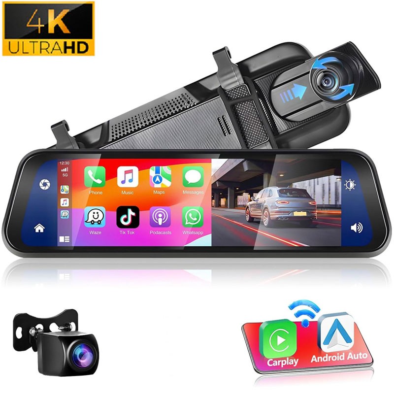 HD 4K Car Rear View Mirror Dash Cam 9.66 Inch Touch Screen Carplay Android Auto