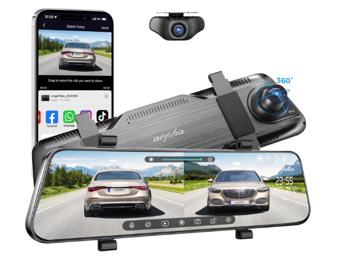 E21 WiFi Streaming/Recording Video Mirror Dash Cam Touch Screen Front/Rear