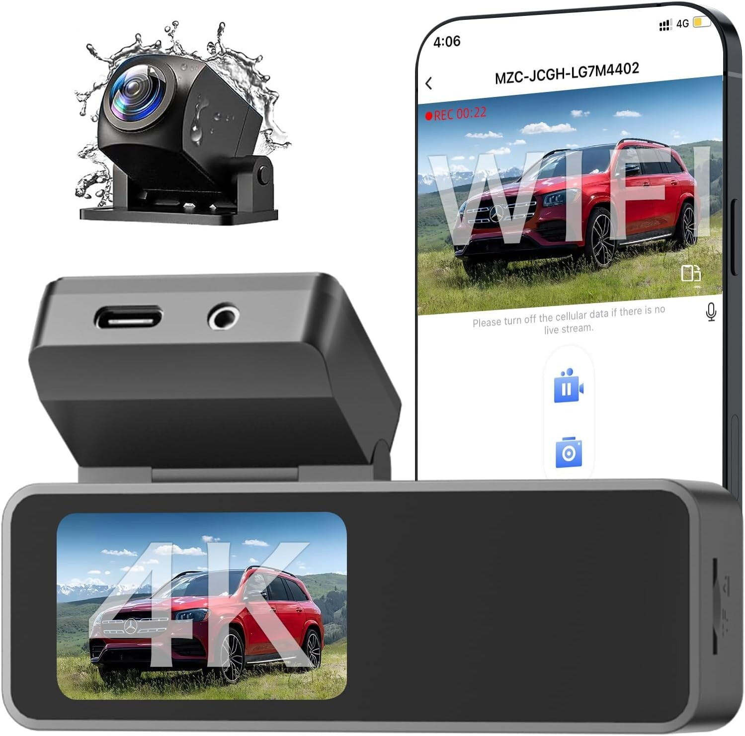 Dash Cam Front and Rear 4K Car Camera Recorder W/ 24H Parking Mode Voice Control