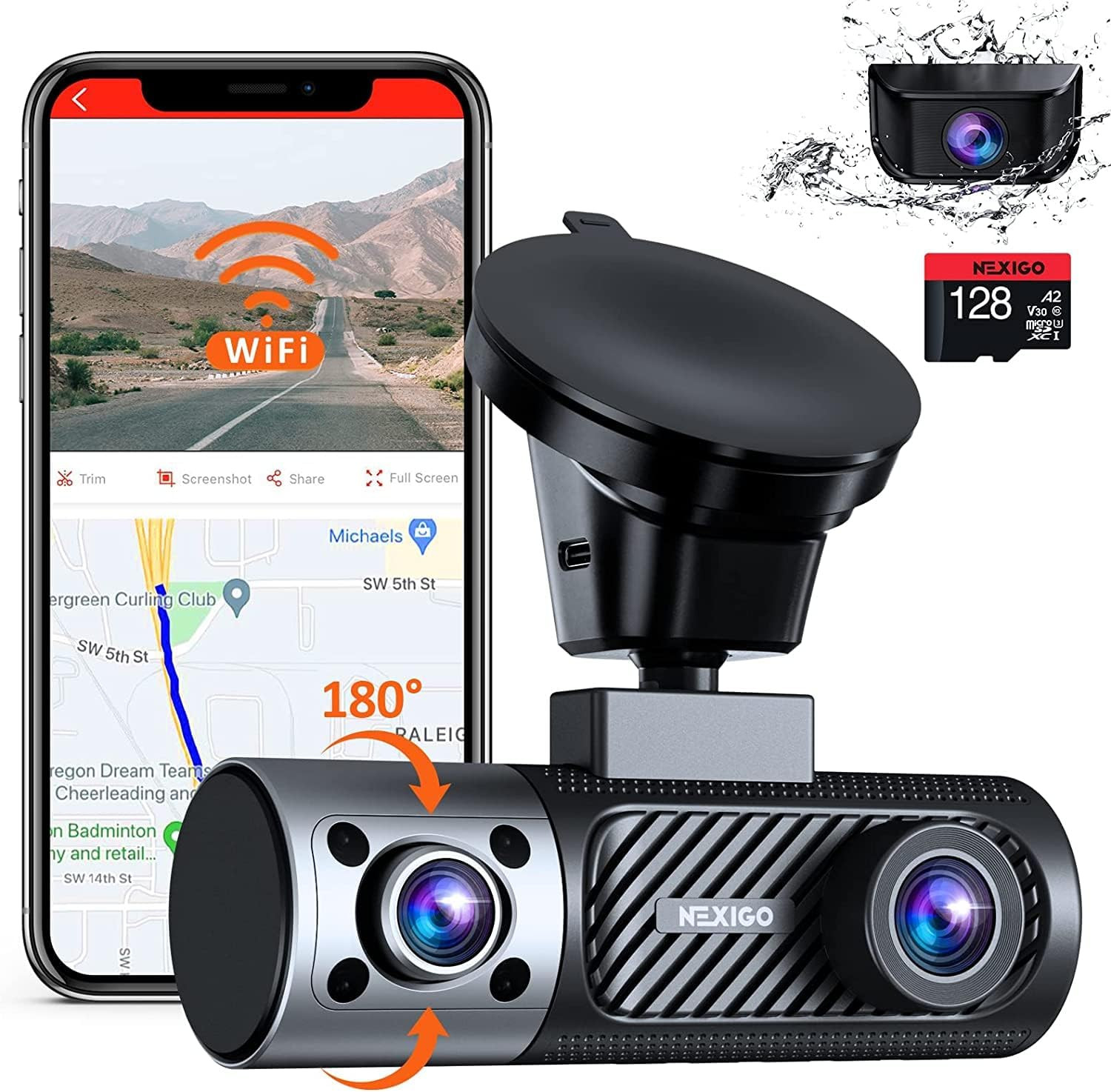 3 Channel Dash Cam with Rotatable Interior/Front Camera, Sony_Sensors, Front and
