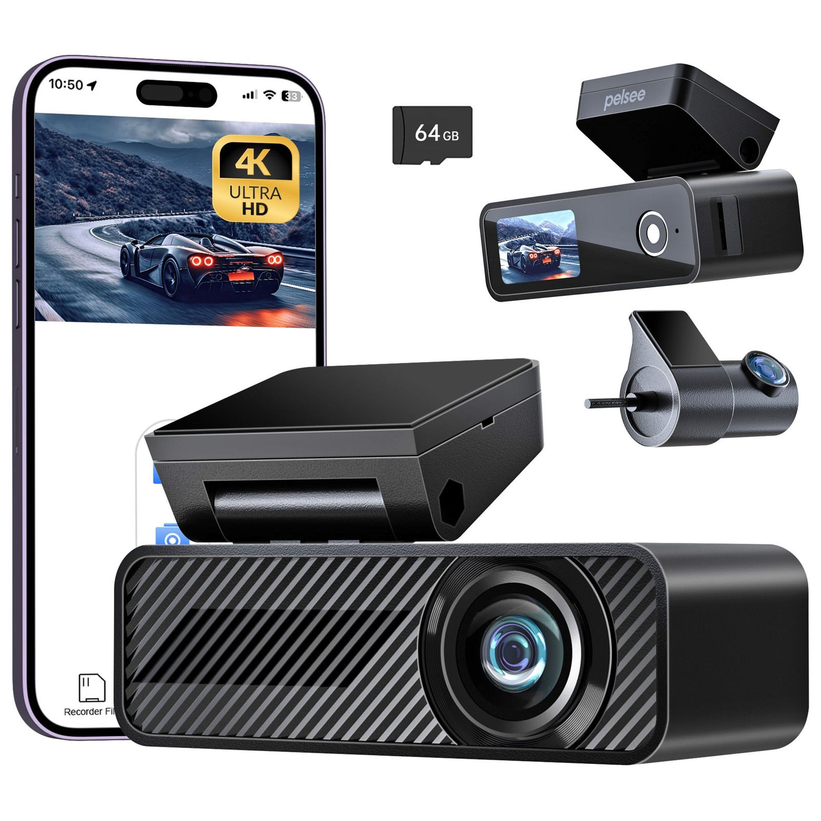 P1 Duo 4K Dash Cam Front and Rear, 64GB SD Card, 4K+1080P Dual Dash Camera fo…