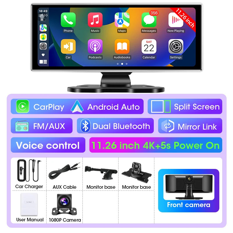 Develuck 11.26in Dash Cam 4K Car DVR Wireless CarPlay Android Auto GPS Dual Lens