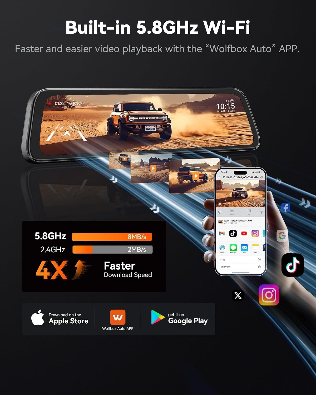 WOLFBOX G900PRO V02 Mirror Dash Cam IMX678 5.8GHz WiFi GPS,W/4A Acc Hardwire Kit
