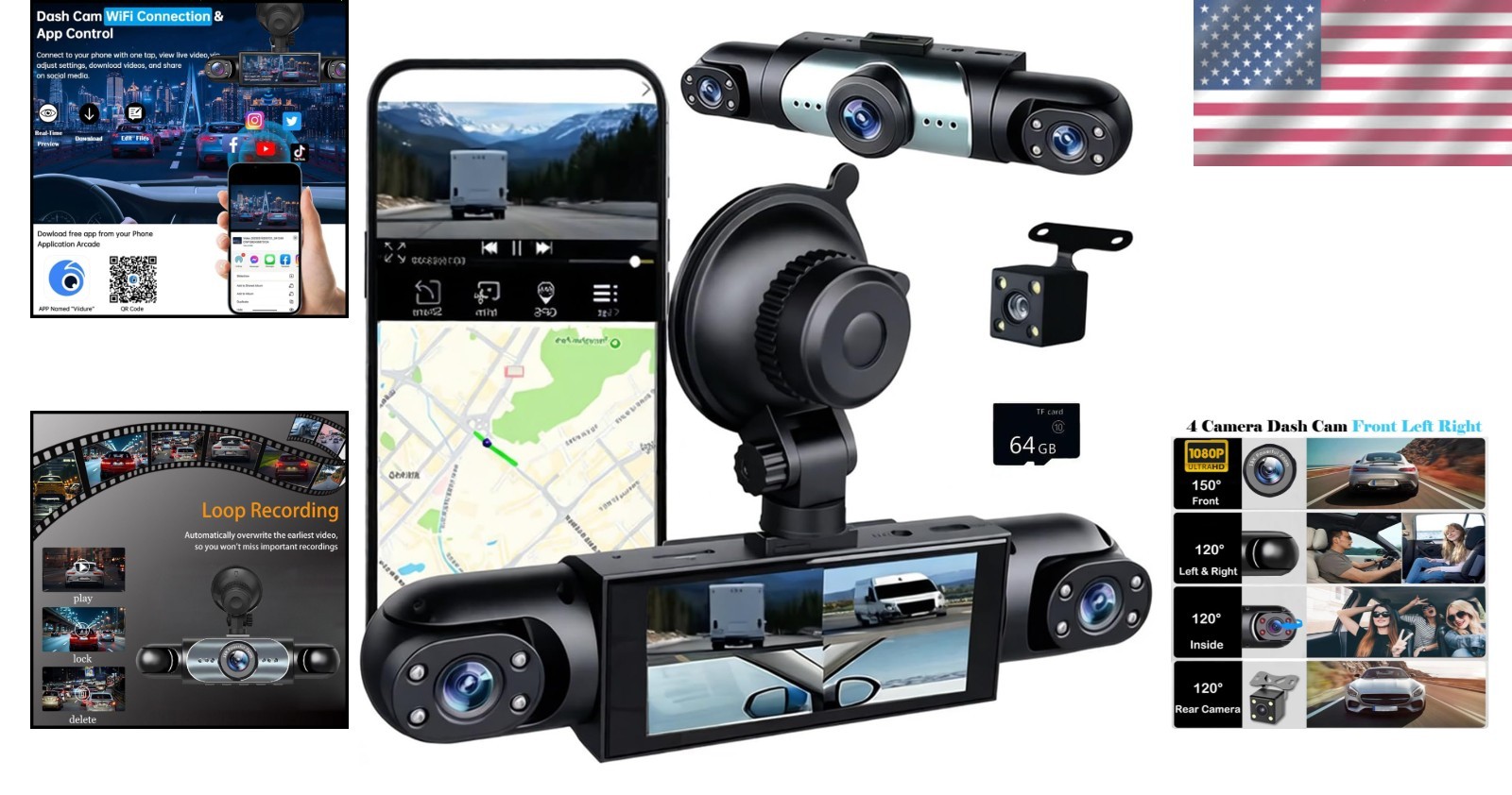 All-Around 360° Dash Cam – 1080P, Night Vision & App Control with 64GB Card